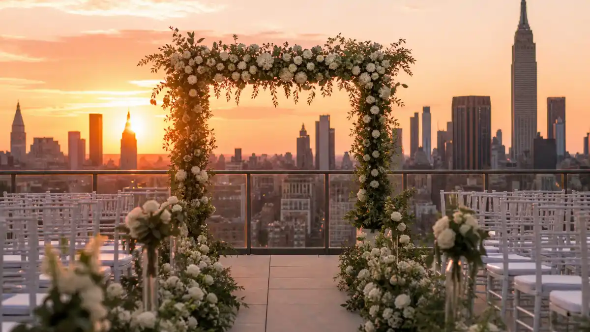 Elegant NYC rooftop wedding ceremony setup with Manhattan skyline at sunset for the Taylor Swift Travis Kelce wedding