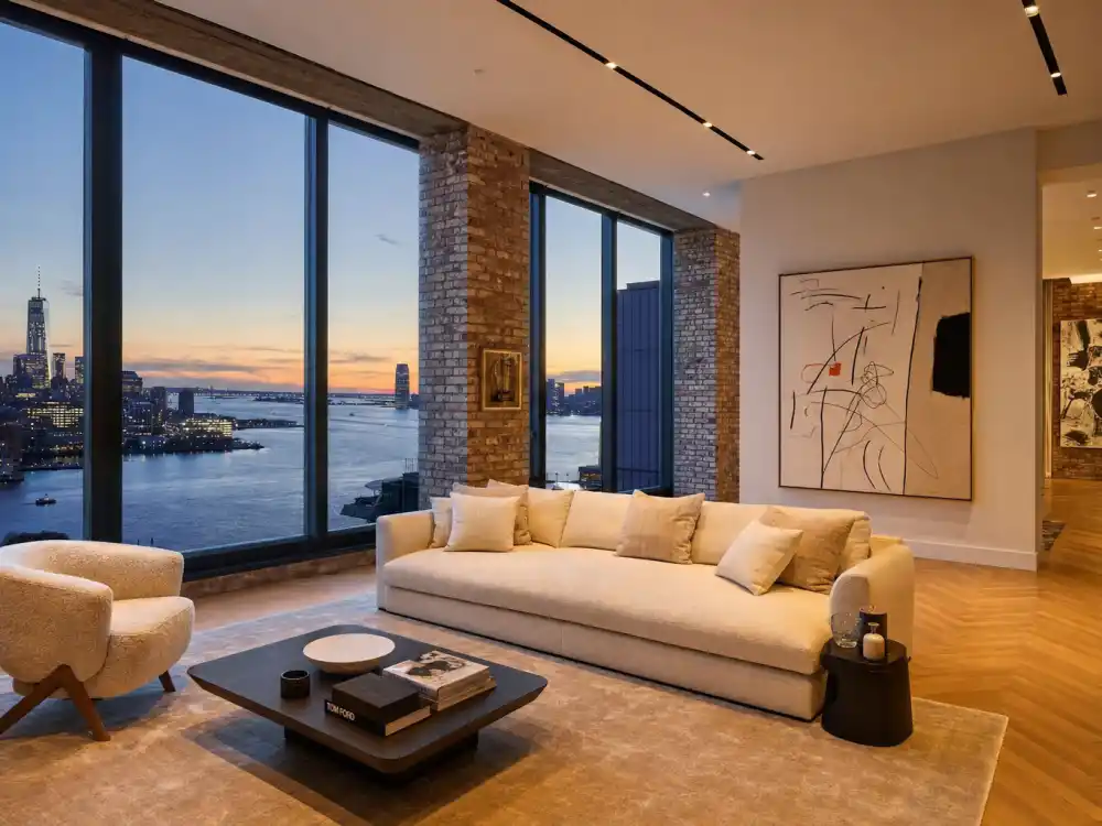 Taylor Swift Tribeca penthouse living room with Hudson River views — part of where Taylor Swift lives in NYC