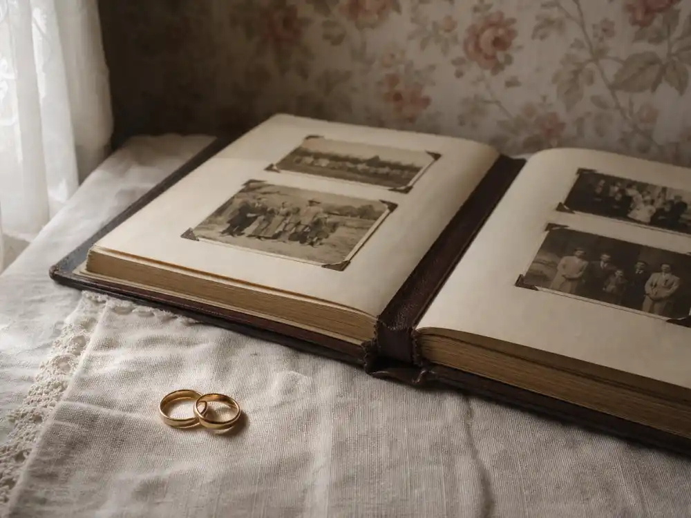 Two gold wedding bands resting beside an open vintage photo album symbolising the 22-year Tess Daly Vernon Kay split that ended one of UK TV's most stable marriages