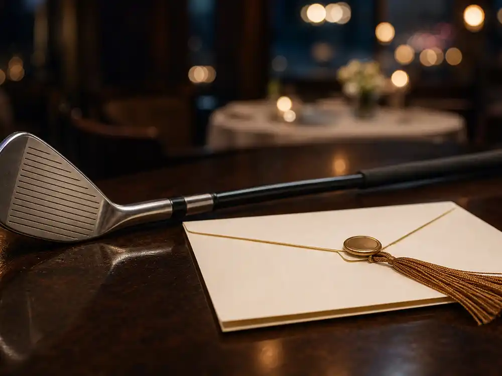 Tiger Woods Vanessa Trump story context is shown through a golf club and formal graduation invitation.