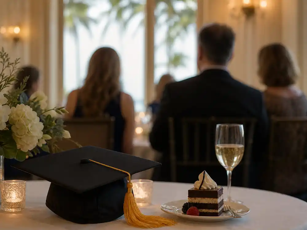 Kai Trump graduation celebration is represented by a cap and dessert at an elegant dinner.