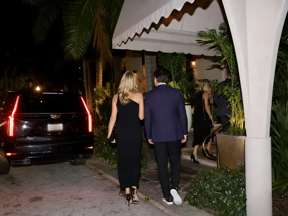 Tiger Woods Vanessa Trump coverage uses an anonymous Florida restaurant arrival scene at night.