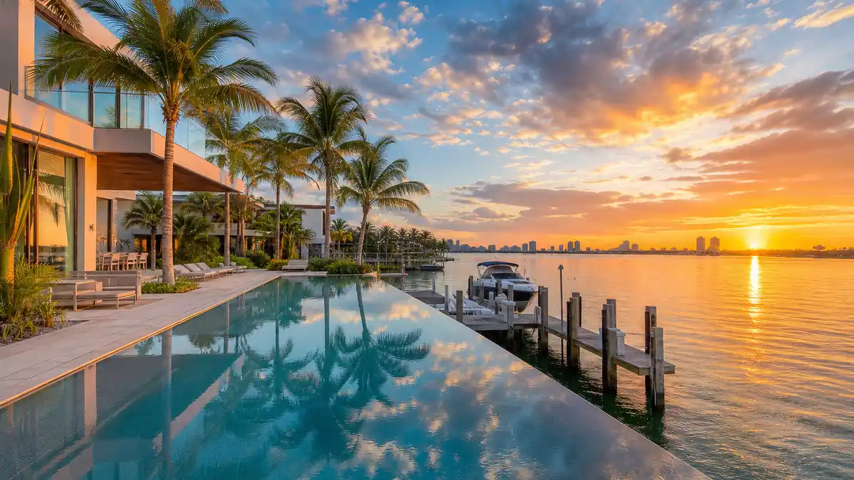 Tom Brady mansion Indian Creek waterfront sunrise hero with infinity pool and Biscayne Bay
