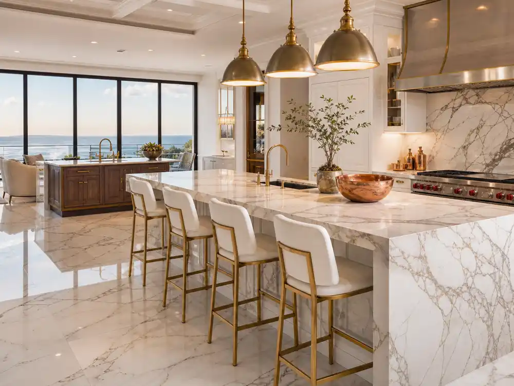 Tom Brady mansion Indian Creek marble waterfall chef kitchen with brass pendants