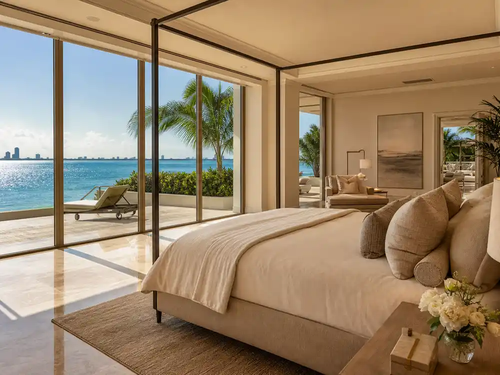 Tom Brady mansion Indian Creek primary suite with floor to ceiling Biscayne Bay view