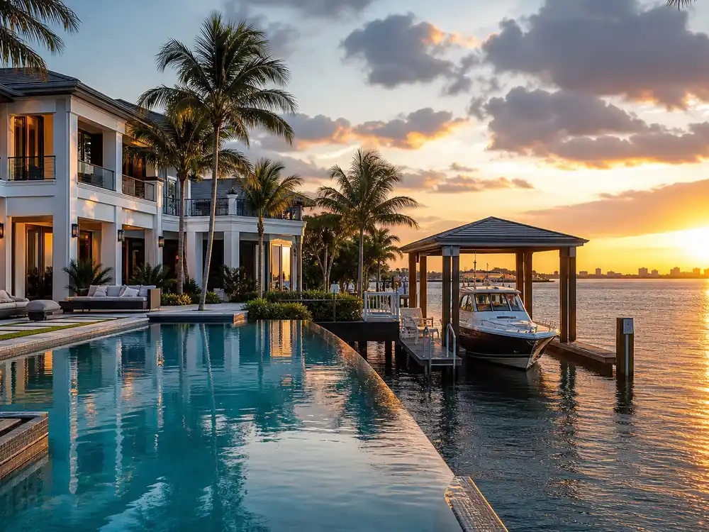 Tom Brady mansion Indian Creek private dock with yacht and infinity pool at sunset