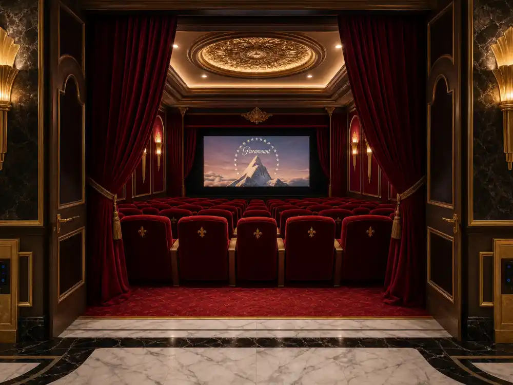 Tom Cruise art-deco style private home cinema with burgundy velvet curtains and gold-leaf ceiling rosette