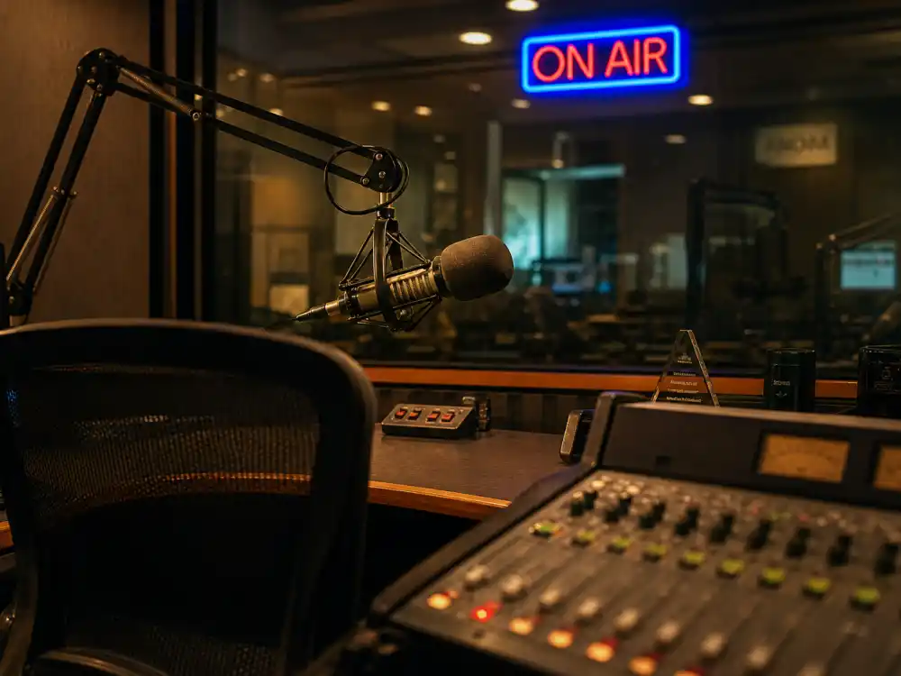 BBC Radio 2 broadcast studio booth with vintage microphone and on-air sign representing Vernon Kay role in Tess Daly Vernon Kay split context