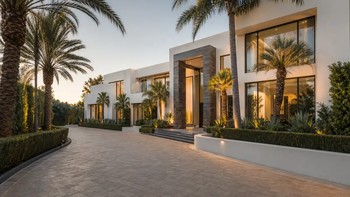 Where does Rihanna live — contemporary Beverly Hills mansion with palm-lined driveway at golden hour