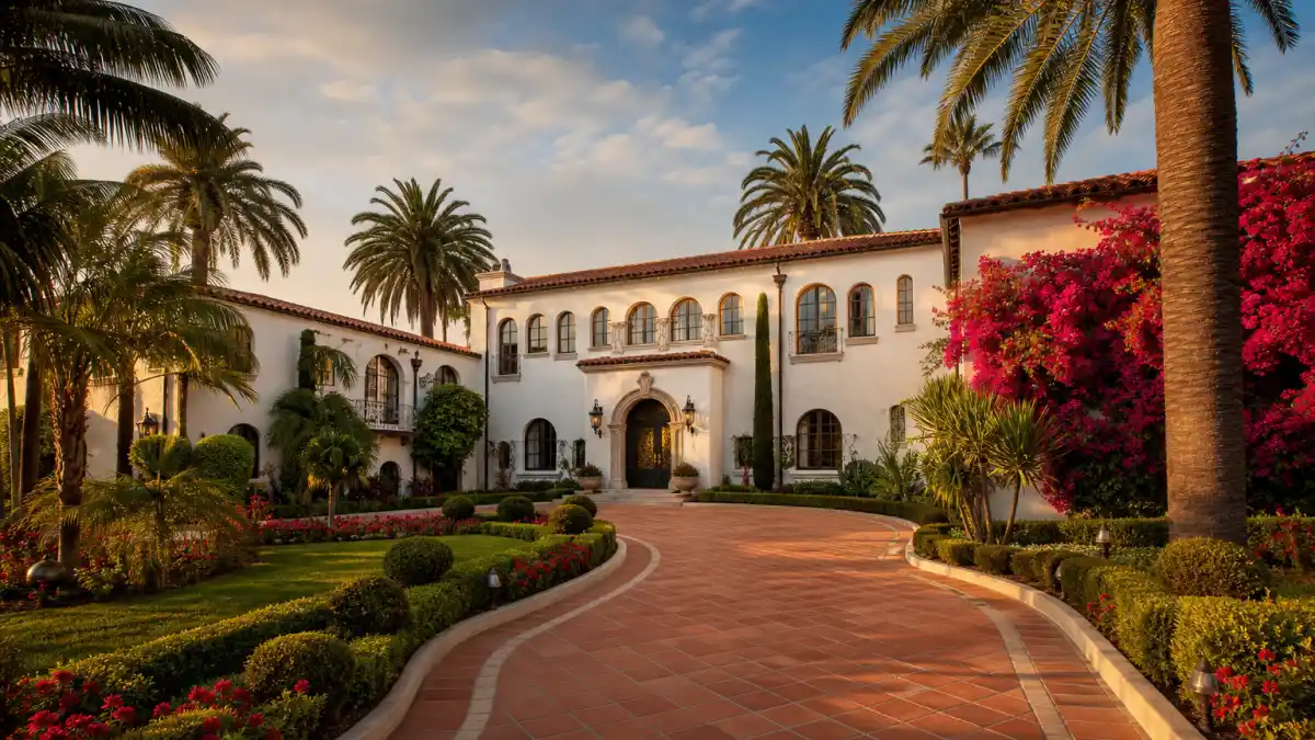 Where does Selena Gomez live — Spanish Colonial Beverly Hills mansion with red tile roof and palm-lined driveway at golden hour