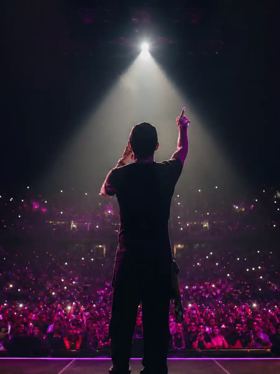 Concert stage silhouette representing who is Bad Bunny dating 2026 web story poster