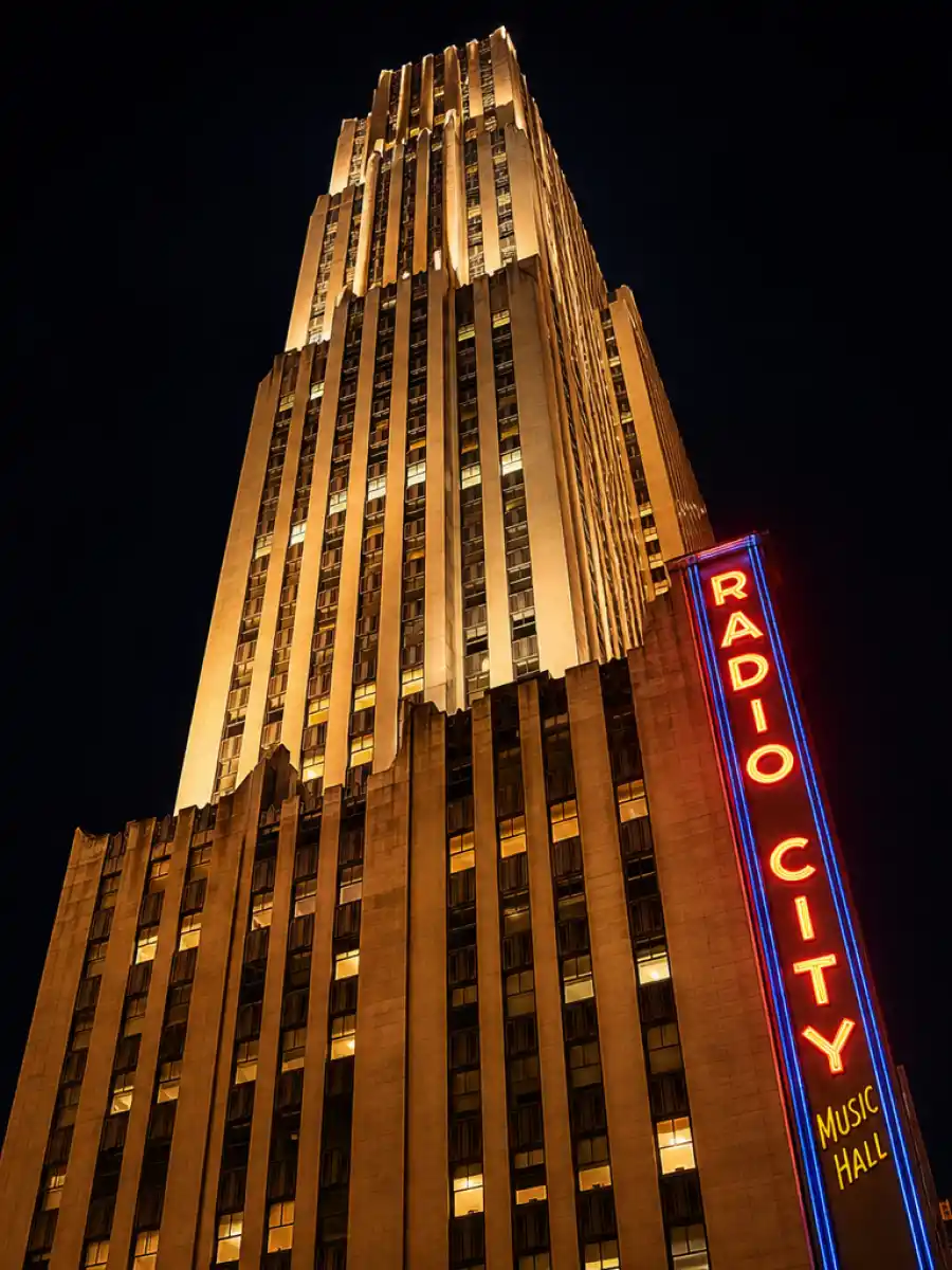 Web story poster about who is Emma Stone married to featuring Rockefeller Center at night