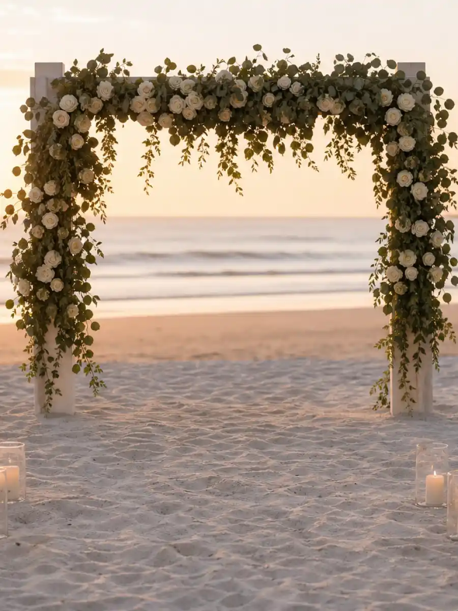 Web story poster about who is Margot Robbie married to featuring Byron Bay beach wedding venue