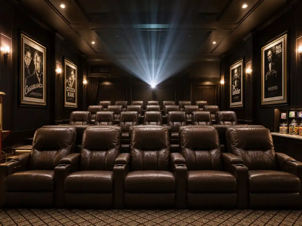 Classic celebrity home theater with vintage movie posters, brown leather recliners, and a popcorn cart — the kind Will Smith and other celebrities own
