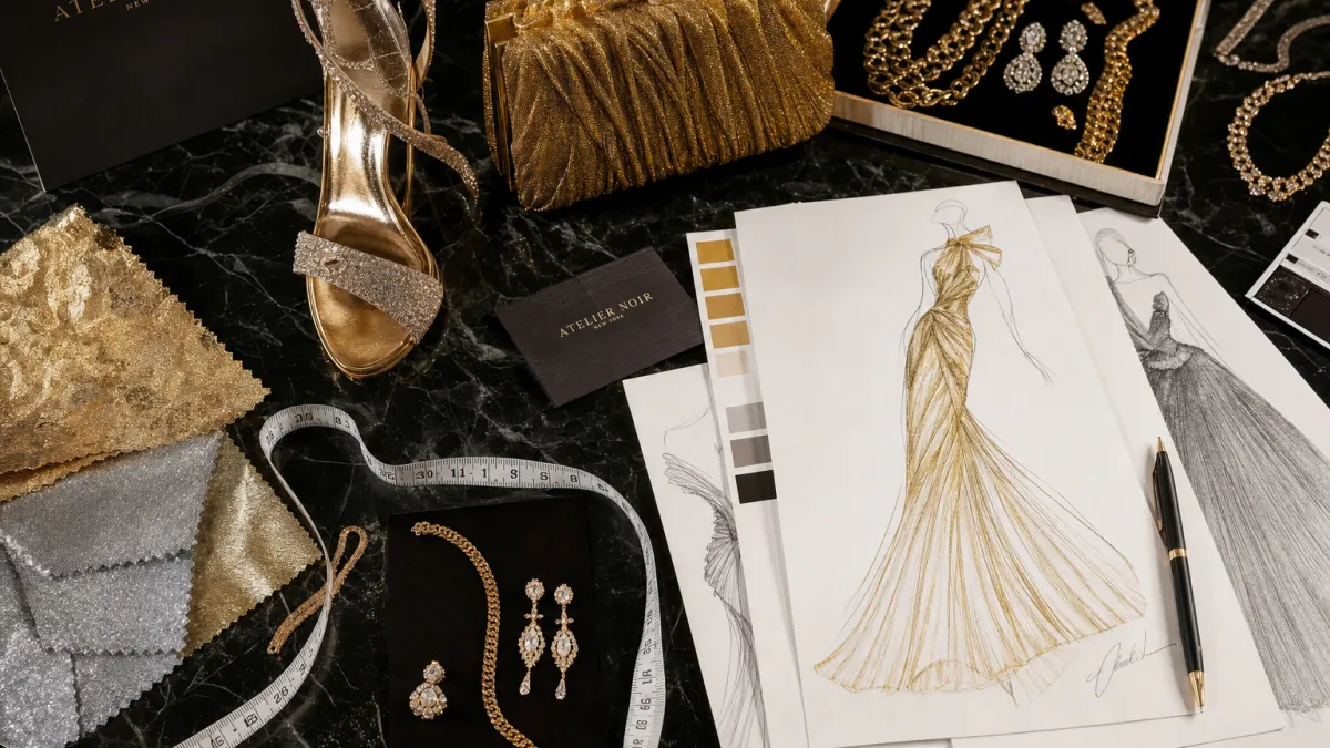 Fashion accessories and couture design sketches representing Met Gala 2026 preparation
