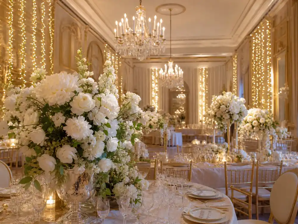 Elegant wedding venue interior with white flowers and chandeliers similar to Zendaya Tom Holland wedding