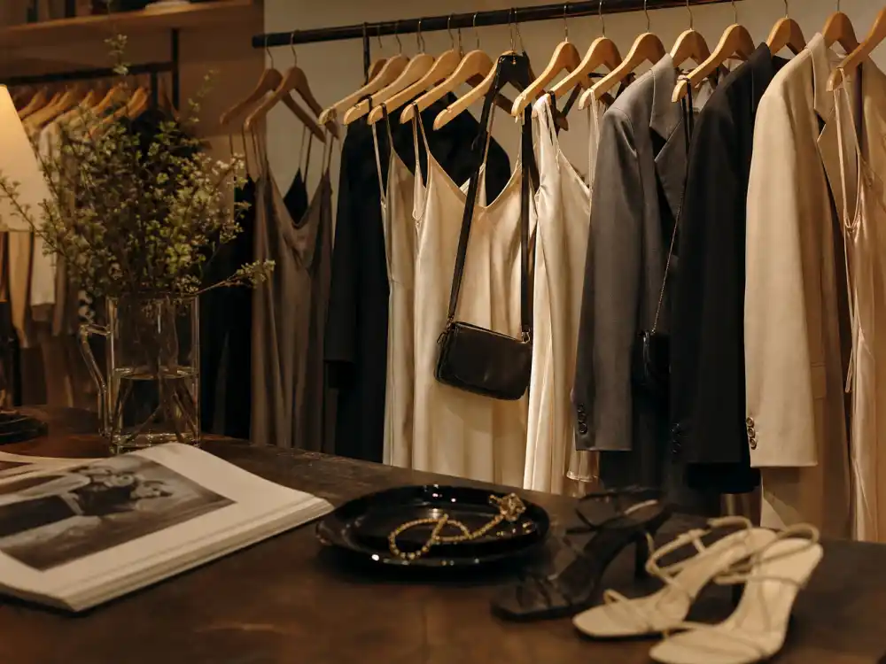 Vintage boutique rack with silk slip dresses oversized blazers and minimal sandals for the 90s supermodel off duty style trend capsule wardrobe