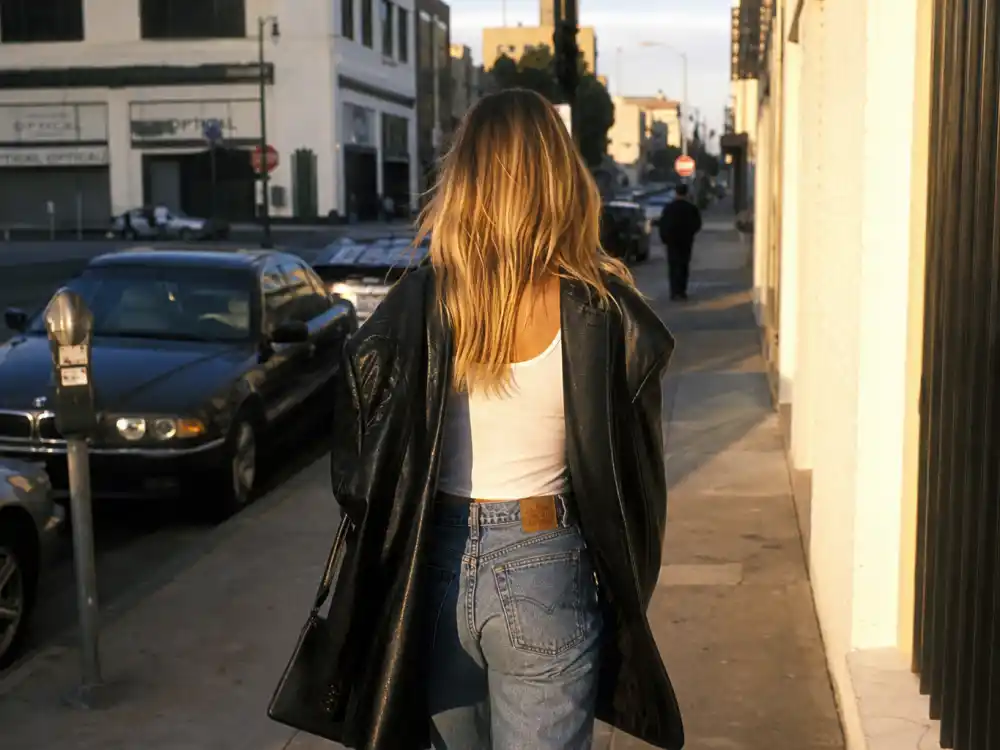 Anonymous woman from behind on city sidewalk in white tank high-waisted jeans and black leather blazer showing 90s supermodel off duty style trend minimal glamour
