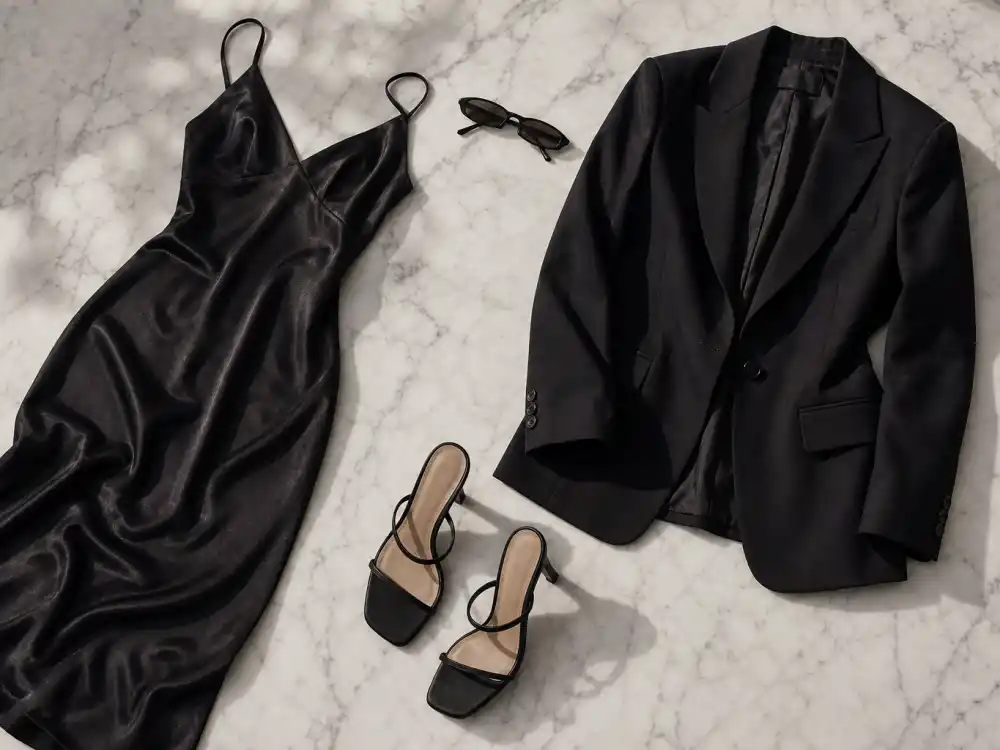 Black silk slip dress with oversized blazer and minimal sandals flat lay defining the 90s supermodel off duty style trend slip-dress uniform