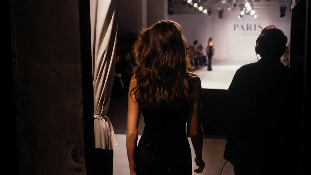 90s supermodels where are they now — Paris fashion week runway backstage with anonymous supermodel silhouette in dramatic spotlights