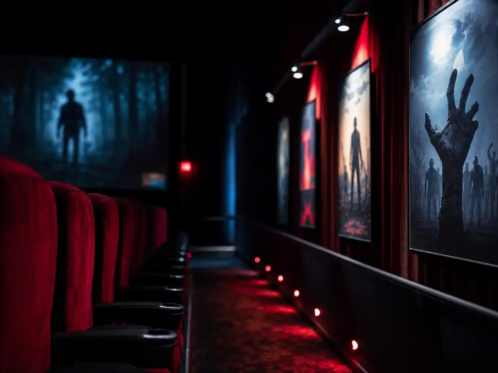 Dim horror movie theater aisle for Abigail Breslin Zombieland and scream-queen film career chapter