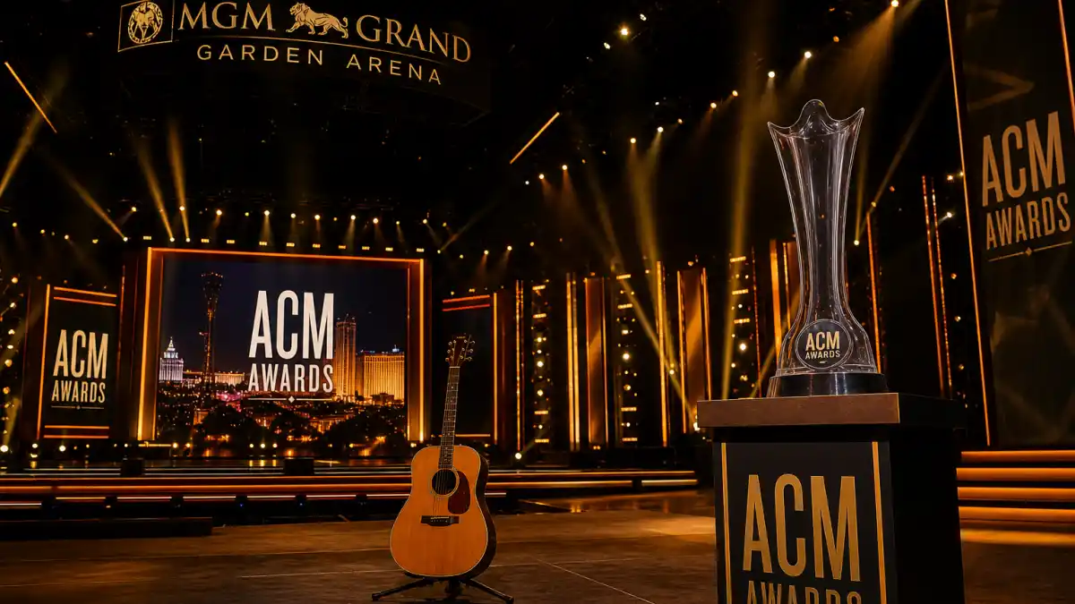 ACM Awards 2026 winners list — MGM Grand Garden Arena Las Vegas ceremony stage with golden ACM trophy and acoustic guitar after May 17 Prime Video telecast