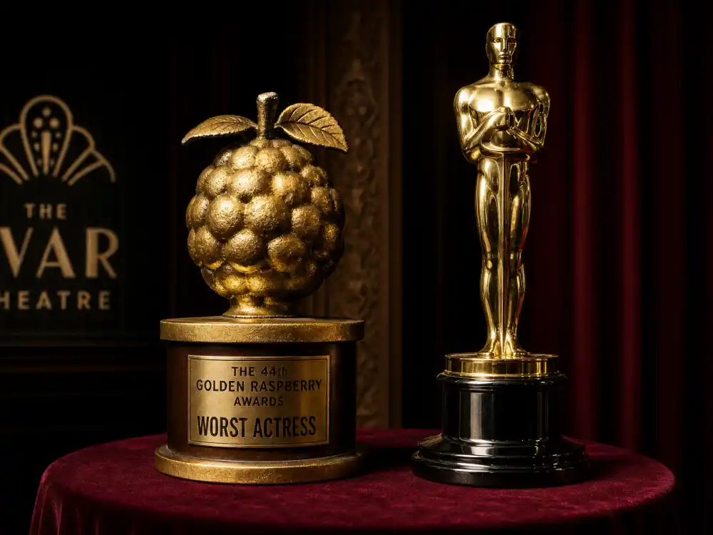 Golden raspberry and Oscar-style trophies side by side for actors who accepted their Razzie awards Halle Berry Catwoman night February 2005