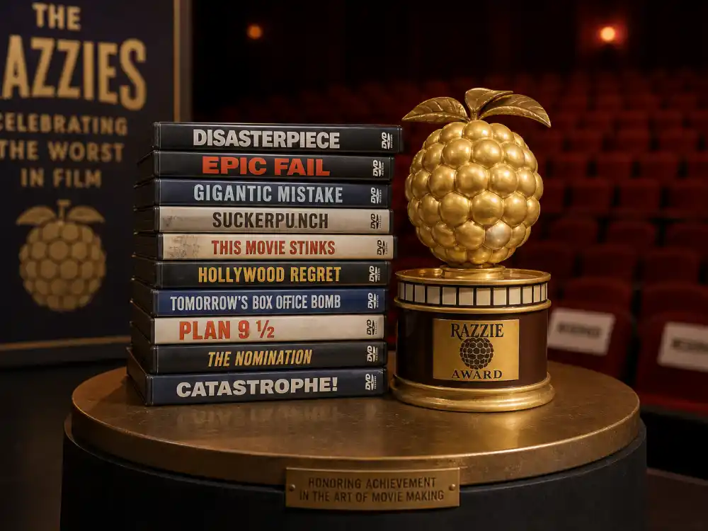DVD stack beside golden raspberry trophy for actors who accepted their Razzie awards Sandra Bullock All About Steve night March 2010