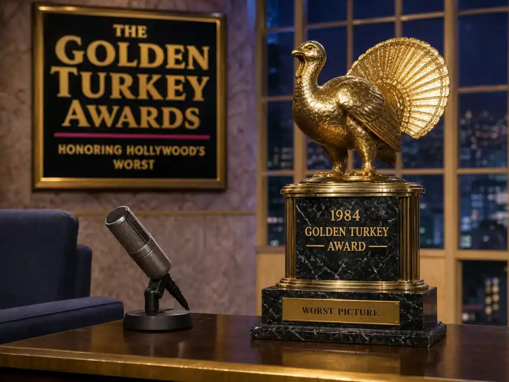 Vintage television studio desk with gold comedy trophy for actors who accepted their Razzie awards first televised acceptance in 1988