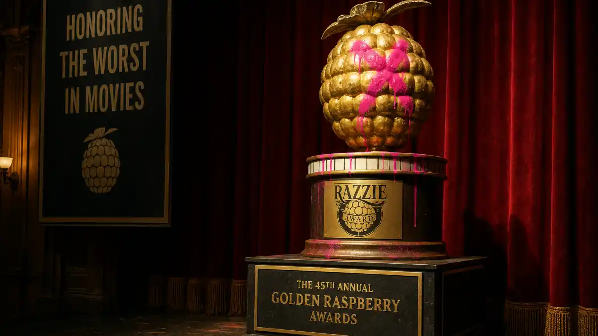 Golden raspberry trophy on a humorous worst-film awards podium for actors who accepted their Razzie awards history guide