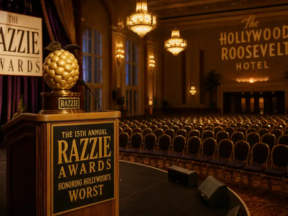 Empty Hollywood ballroom stage with golden raspberry trophy for actors who accepted their Razzie awards first in-person ceremony in 1996