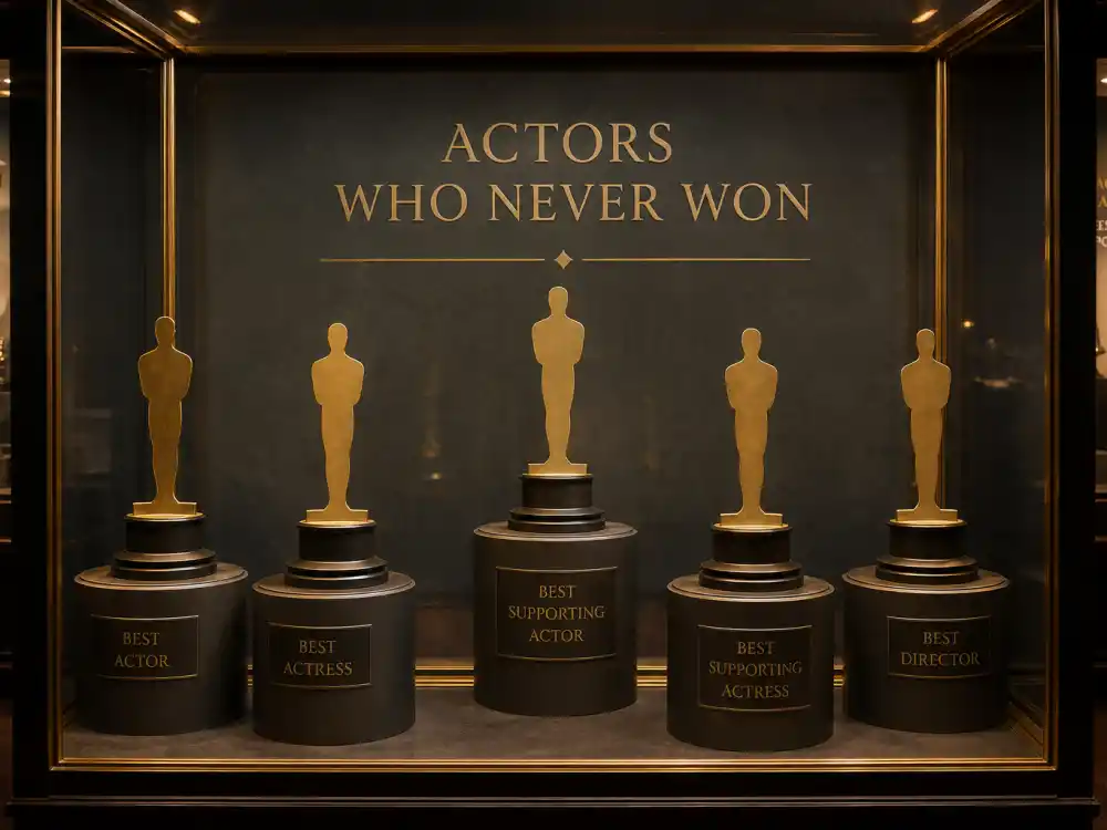 Empty trophy display case symbolizing actors who never won an Oscar despite legendary careers