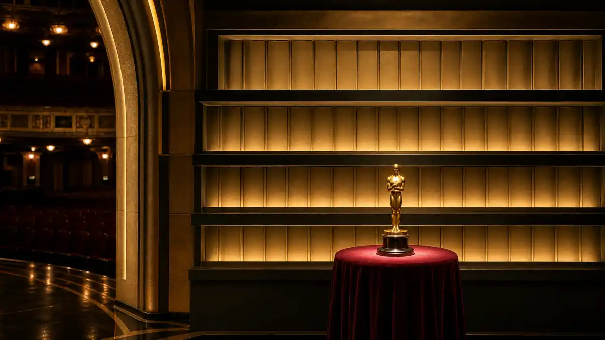 Actors who never won an Oscar — empty golden trophy shelf in an Art Deco awards theatre evoking legendary nominees without competitive wins
