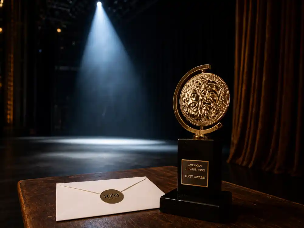 Broadway stage spotlight with Tony Award statuette and sealed envelope where actors who won both a Tony and an Oscar first earned theatre honors