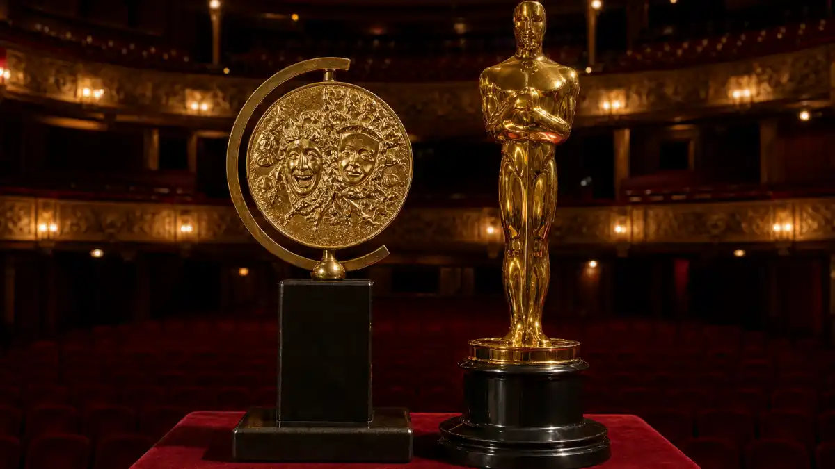 Actors who won both a Tony and an Oscar — golden Tony Award medallion and Oscar-style statuette on red velvet in a Broadway theatre