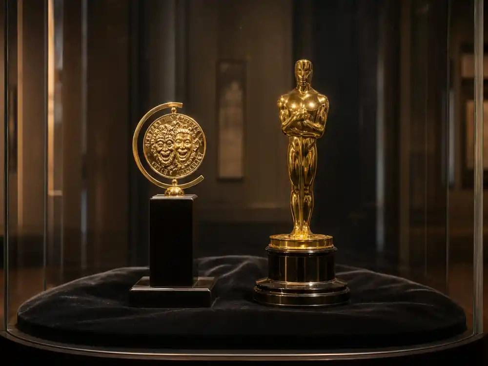 Museum display of Tony and Oscar trophies documenting actors who won both a Tony and an Oscar across Broadway and Hollywood history