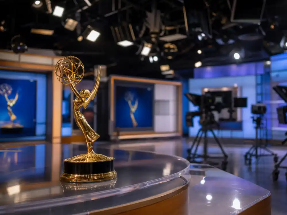 Television broadcast studio with Emmy trophy representing the primetime leg every actor who won the triple crown of acting must claim