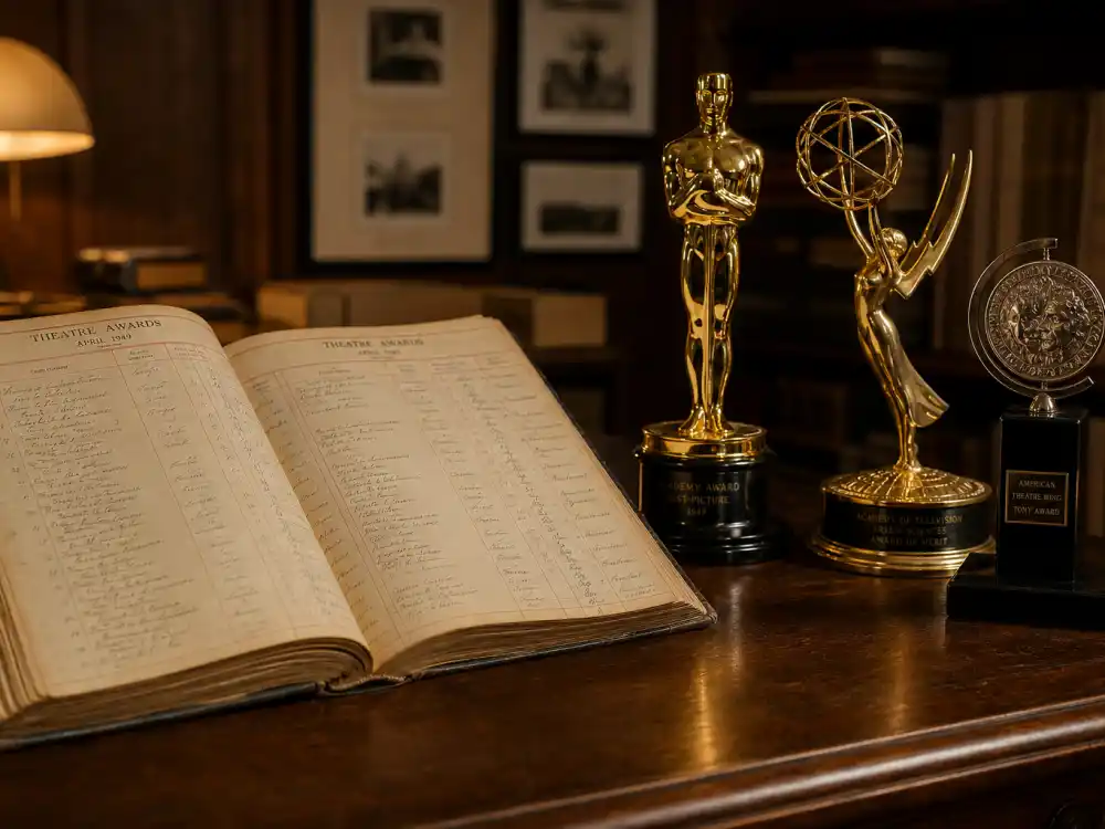 Theatre awards archive ledger beside Oscar Emmy and Tony statuettes listing verified actors who won the triple crown of acting by year
