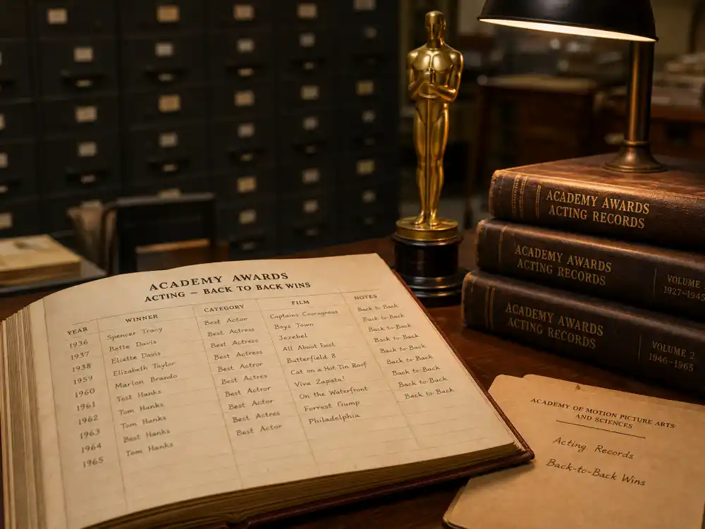 Academy awards records archive with ledger books and a generic statuette silhouette for actors who won two Oscars in a row research