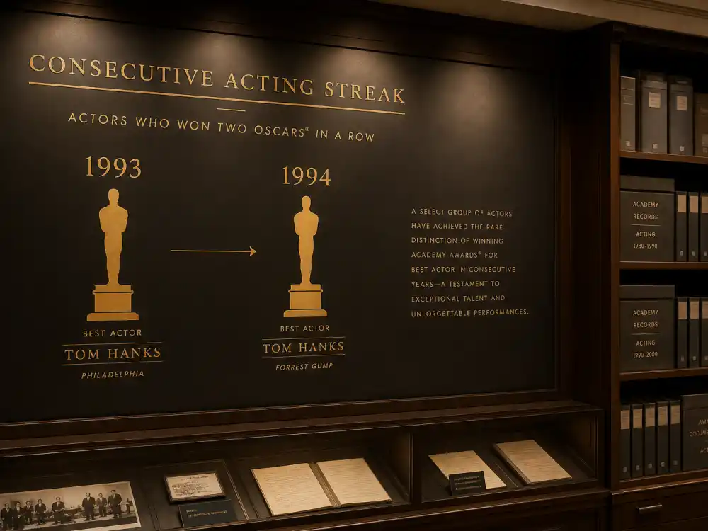 Timeline display with consecutive-year golden statuette silhouettes documenting actors who won two Oscars in a row across Academy history