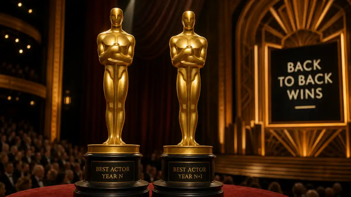 Actors who won two Oscars in a row — paired generic golden statuette silhouettes on pedestals in an Art Deco awards theatre evoking consecutive acting wins