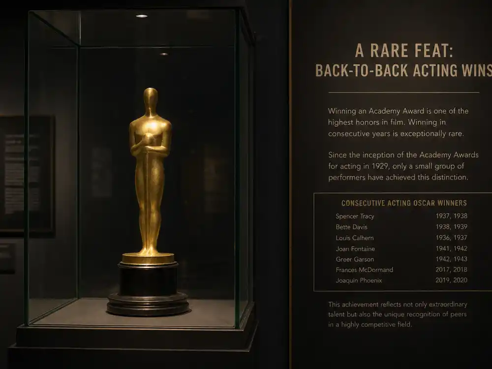 Single generic golden statuette in a museum display case illustrating how rare actors who won two Oscars in a row remain in modern awards seasons