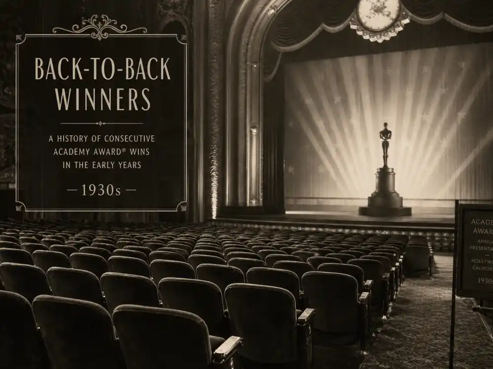 Vintage 1930s Hollywood awards theatre atmosphere tied to the first actors who won two Oscars in a row during the Golden Age