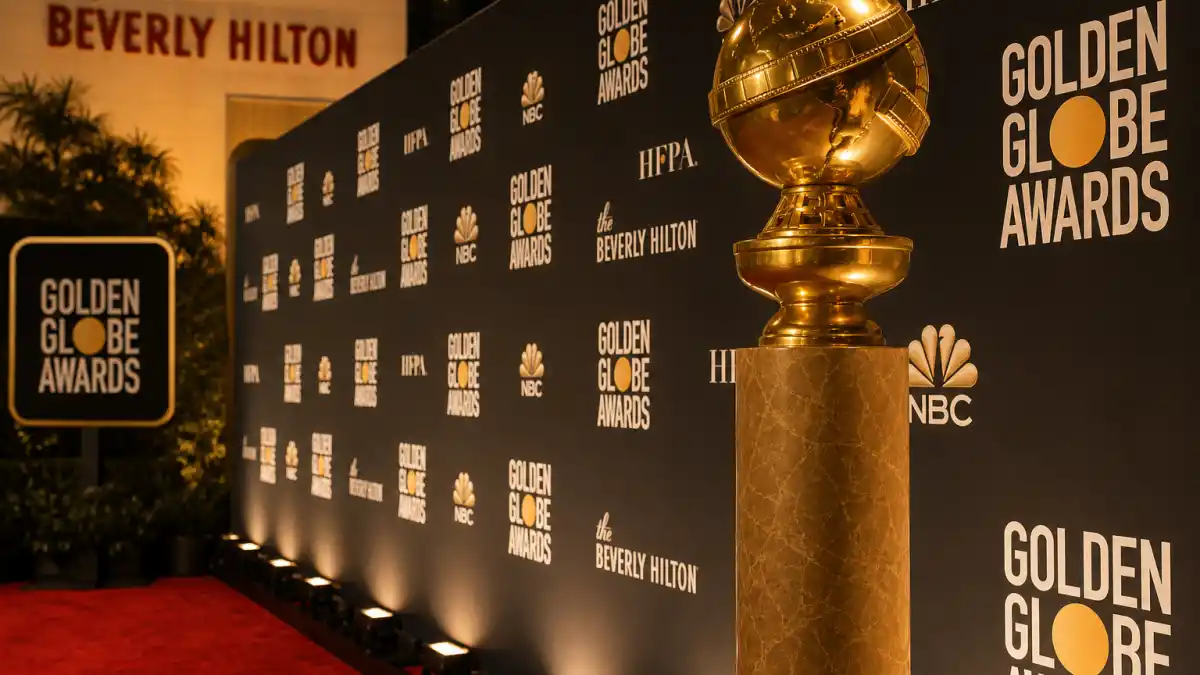 Actors with most Golden Globes wins — Golden Globe statuette on red carpet at Beverly Hilton press wall with HFPA backdrop