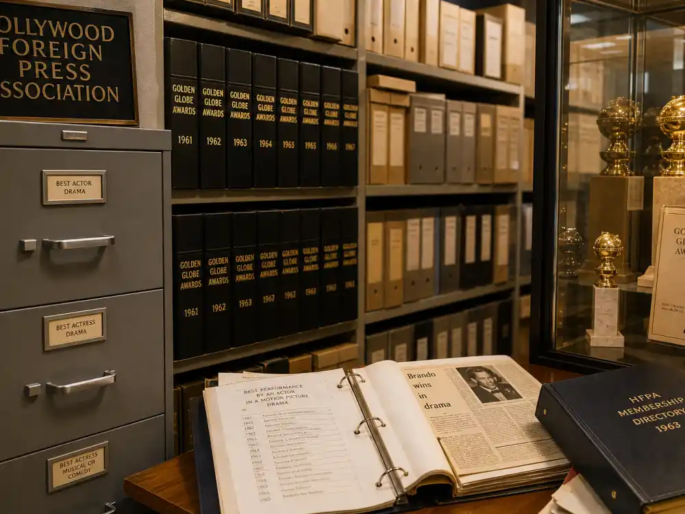 Hollywood Foreign Press Association archive room documenting actors with most Golden Globes wins from the 1944 founding era forward