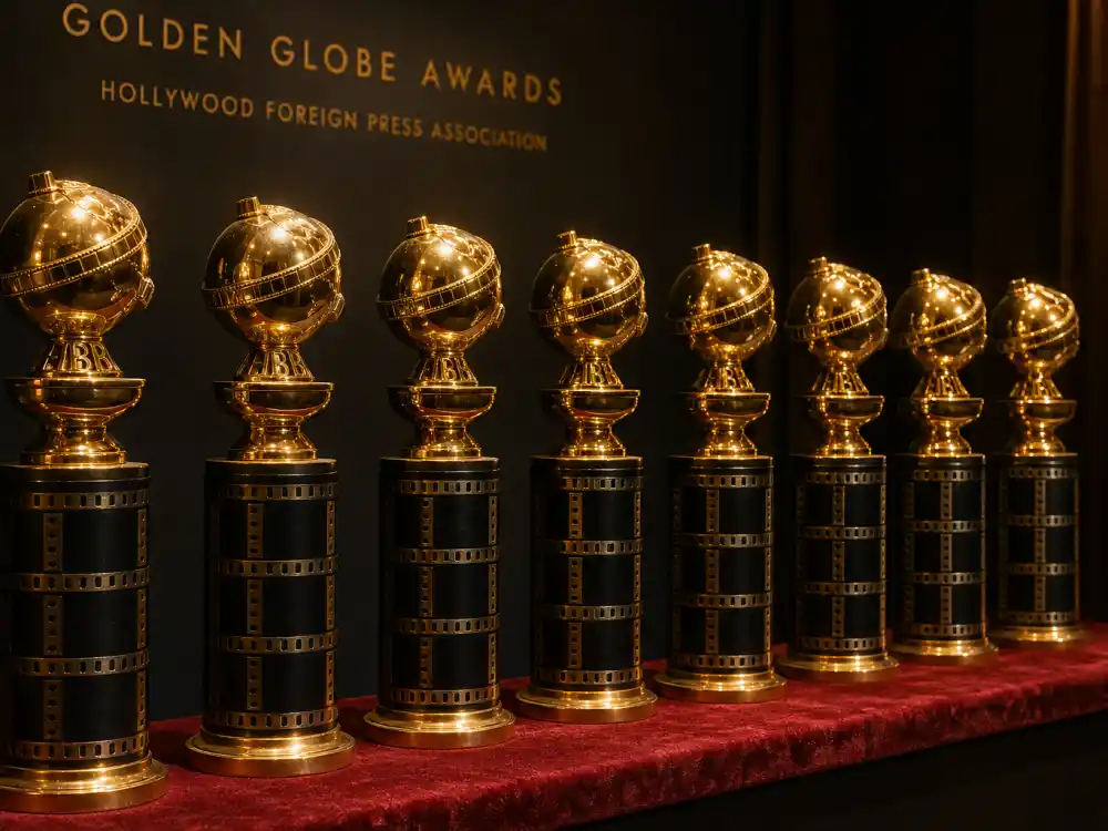 Row of eight golden globe statuettes symbolizing the record for actors with most Golden Globes wins in competitive acting categories