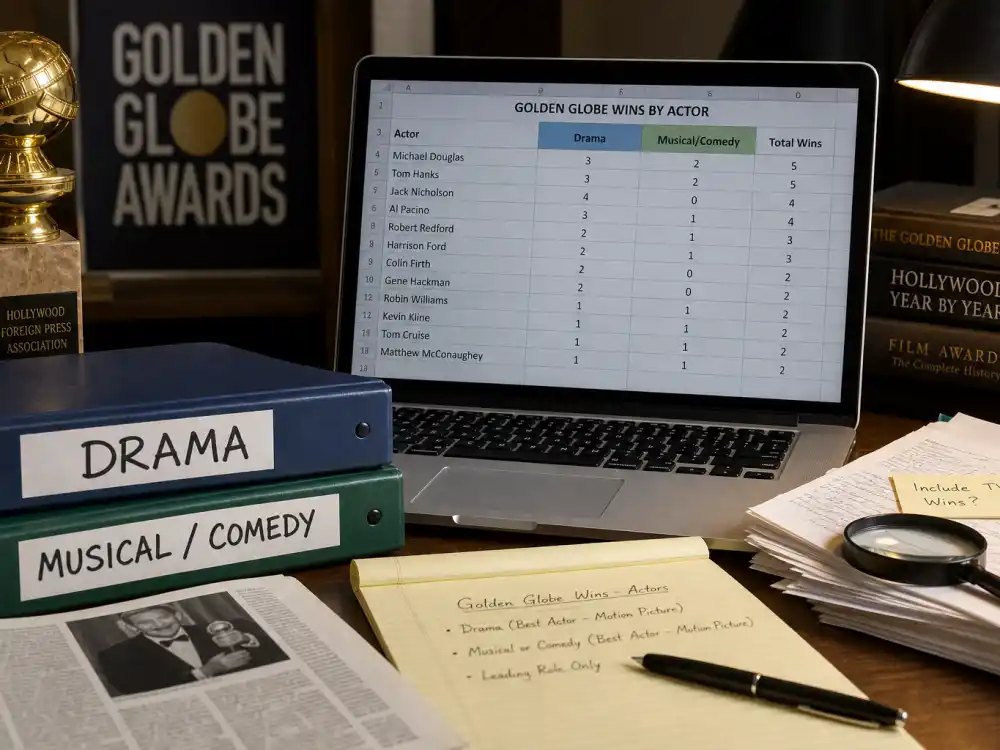 Awards research archive with Drama and Musical Comedy binders for navigating actors with most Golden Globes wins by category
