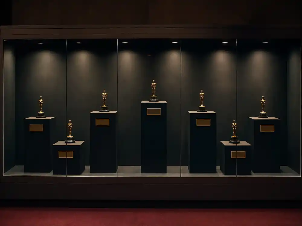 Empty trophy display case symbolizing actors with most Oscar nominations without a win and their vacant competitive pedestals