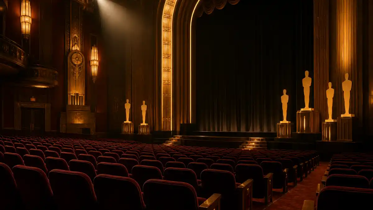 Actors with most Oscar nominations without a win — empty Art Deco awards theatre with vacant golden statuette pedestals evoking nomination records without competitive victories