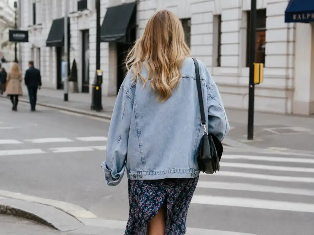 Oversized denim jacket over floral midi dress defining Alexa Chung street style inspiration layered indie dressing